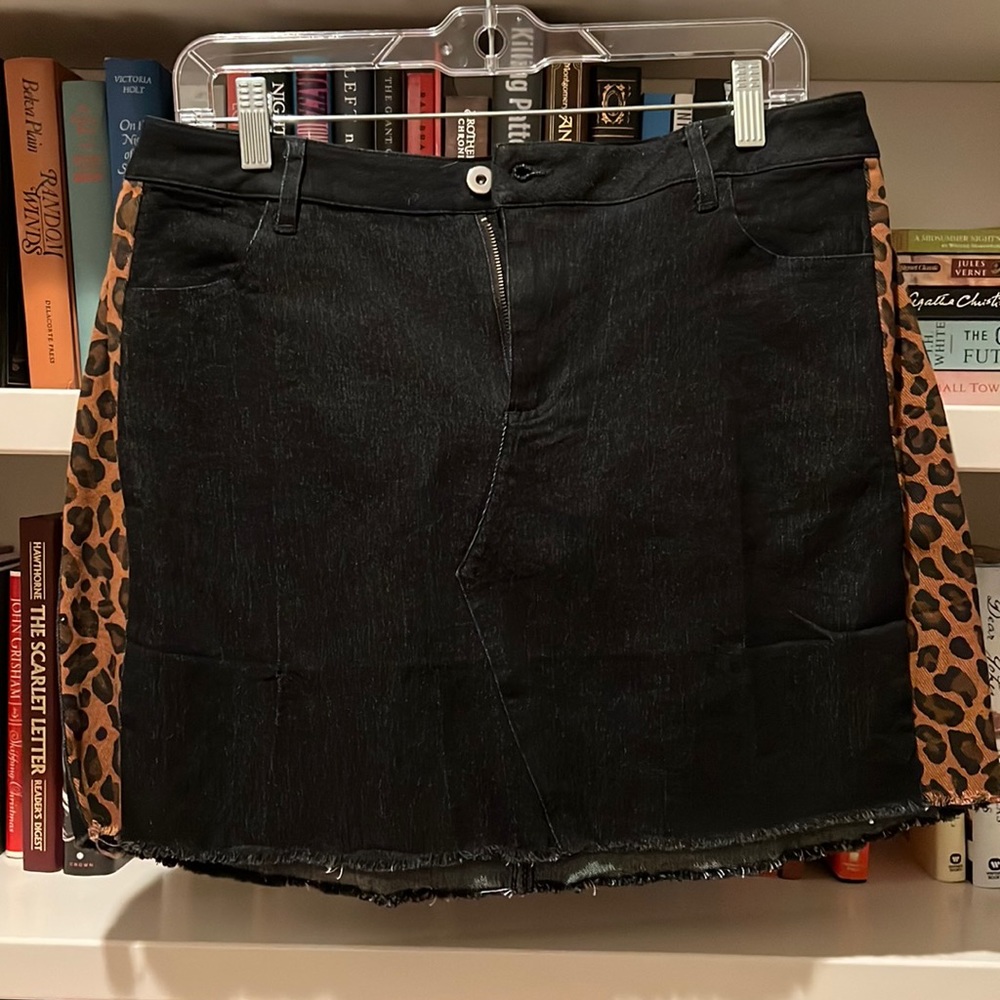 Black Denim Mini Skirt with Cheetah Side Detailing